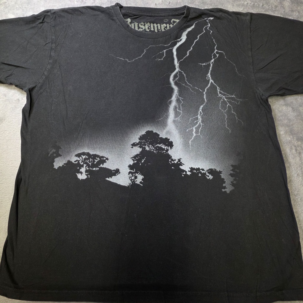 Vintage Basement Shirt Mens Large Black Lightning Storm Trees Graphic Tee Y2K